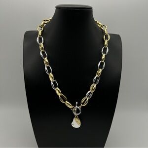 Modern Two-Tone Link Necklace β’ 14K GP β’ Toggle β’ Rhinestone Charm NWT